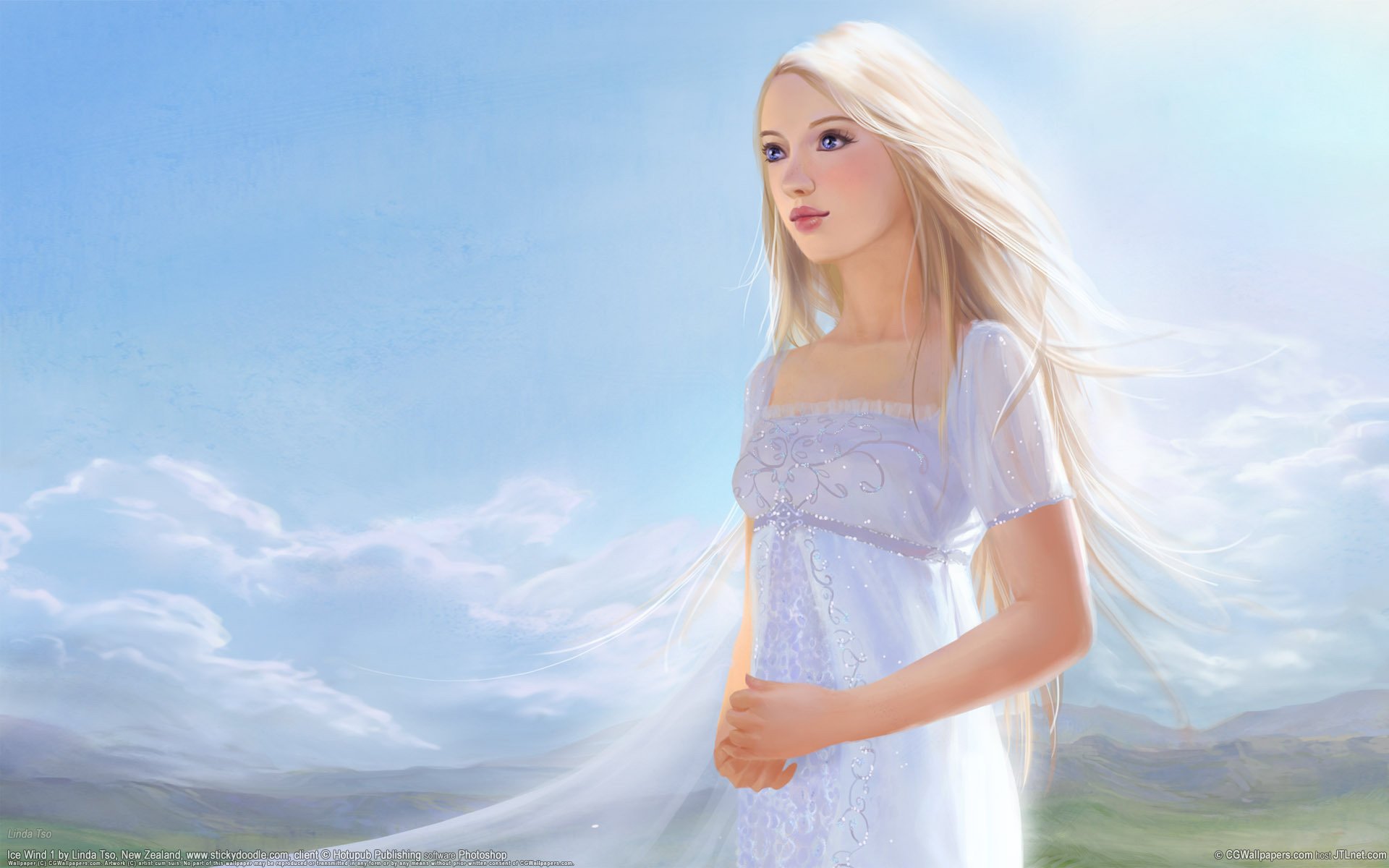 humility girl heaven dress angel drawings look blonde tenderness white purity anime women eyes face