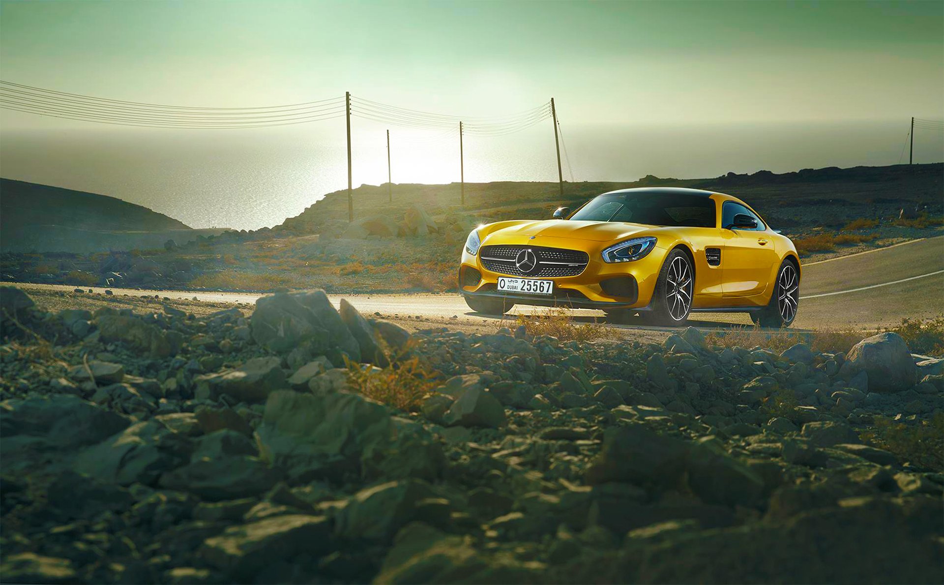 mercedes-benz amg gt s 2015 yellow sun day sea road