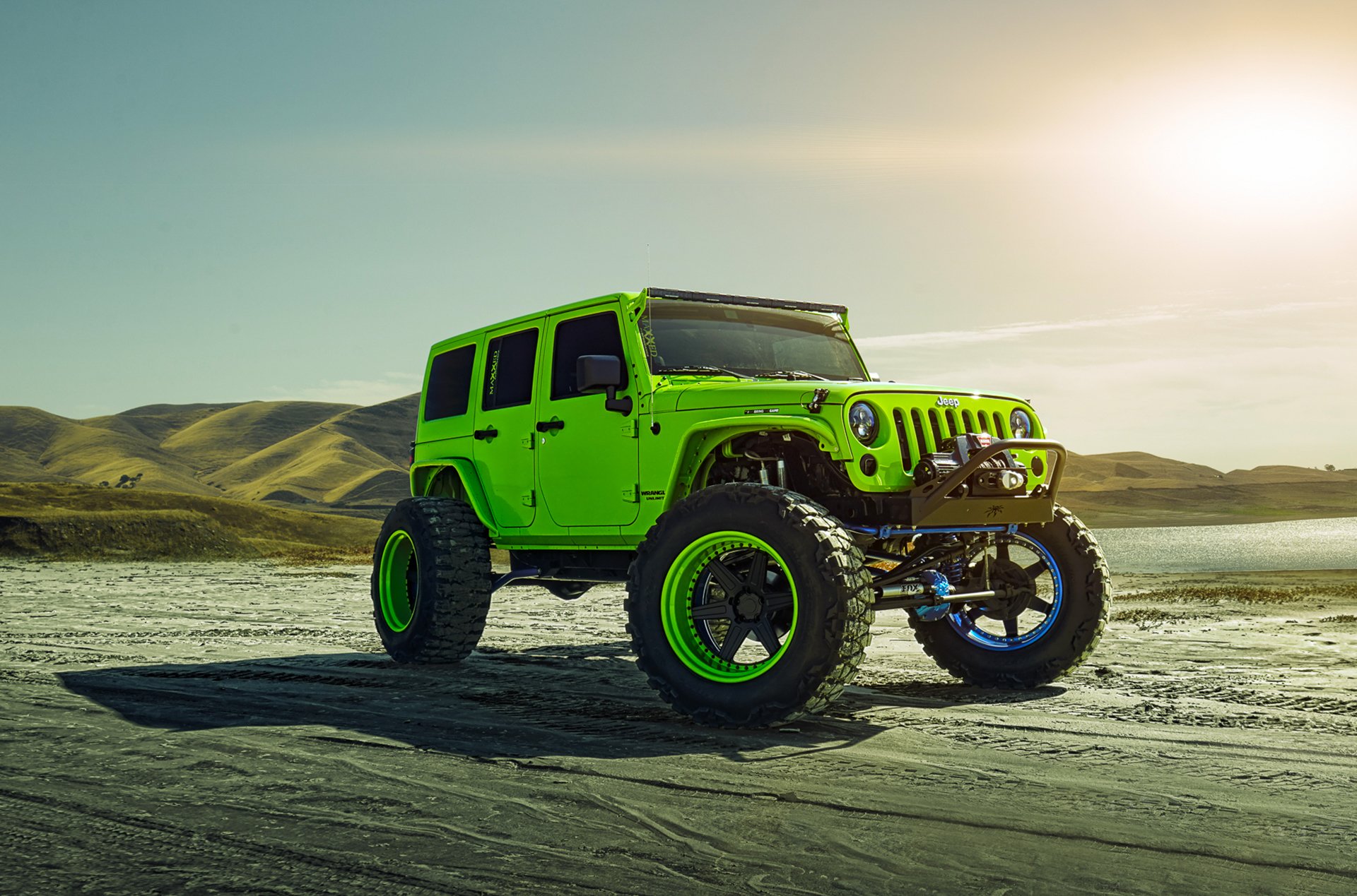 jeep wrangler adv1 track function custom forged wheels green front sun