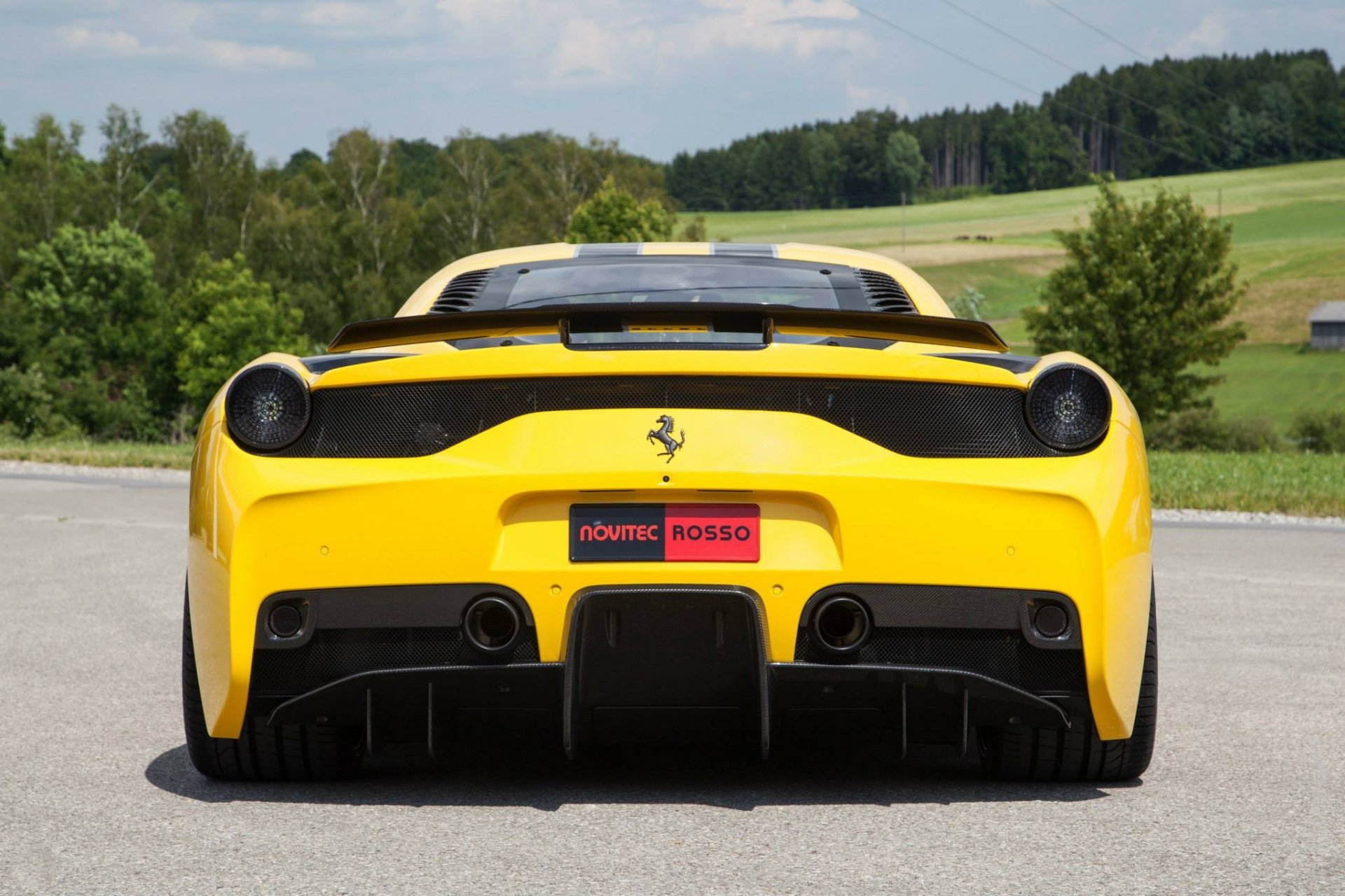 ferrari 458 speciale yellow ferrari rear sky tree