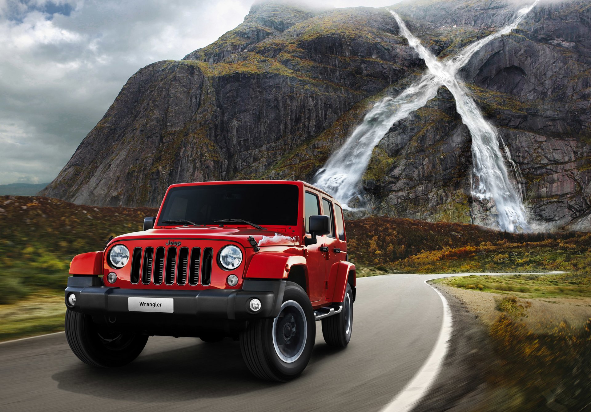 auto auto jeep 2015 wrangler x straße berge wasserfall