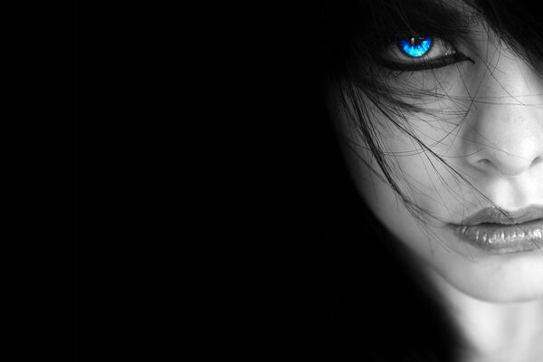 A girl with blue eyes on a black and white background