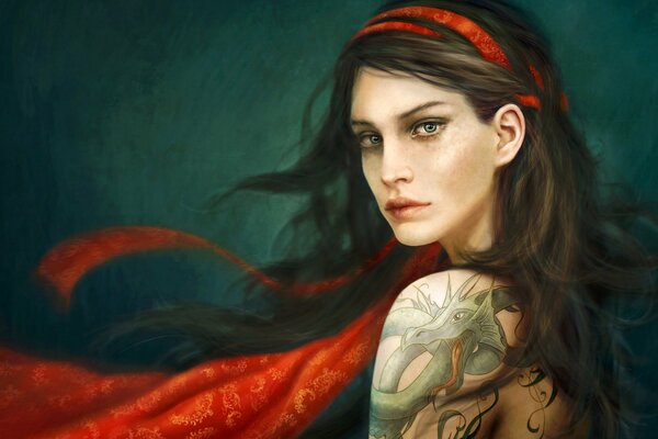 Art drawing red ribbon girl tattoo dragon