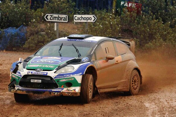 Ford Fiesta WRC w pasurowej pogodzie biorący udział w błotnistym wyścigu