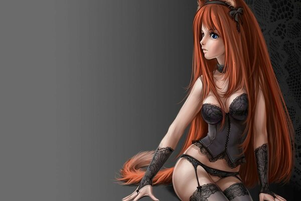 Red-haired girl with fox ears in black lingerie