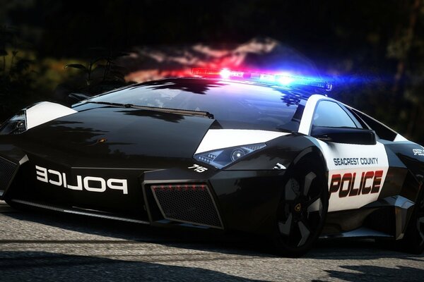 Lamborghini in the form of a police car with flashing lights on