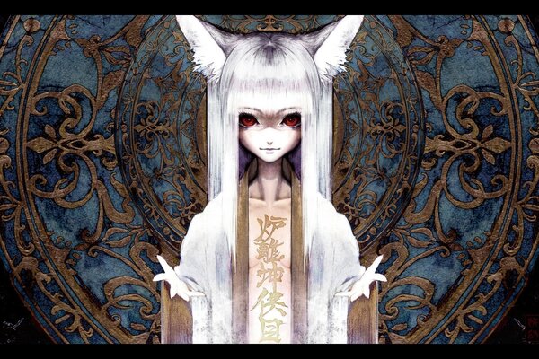A painted girl with fox ears and red eyes