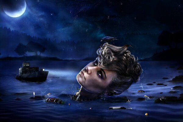 Девушка плывущая в ночном море и смотрящая на луну