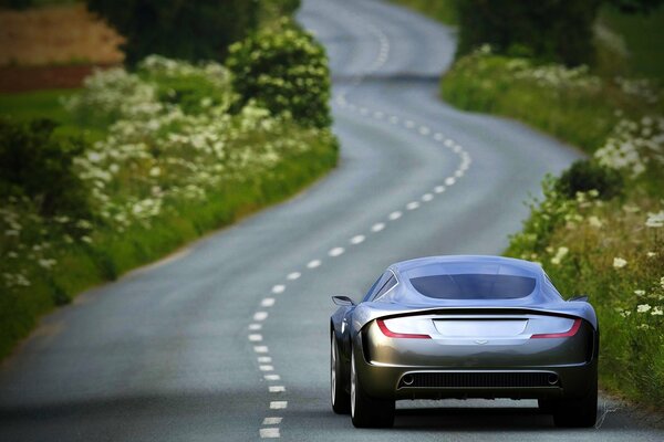 Grauer Aston Martin fährt auf der Strecke