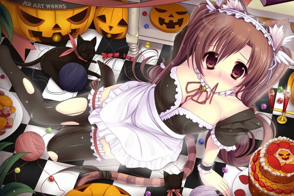 A charming girl in a maid costume and with kitty ears