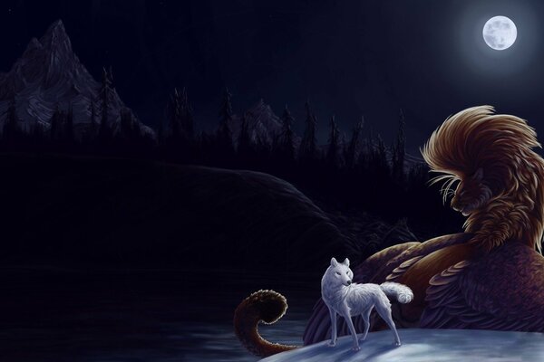 Sous la lune, le loup blanc est sorti à la chasse dans la forêt