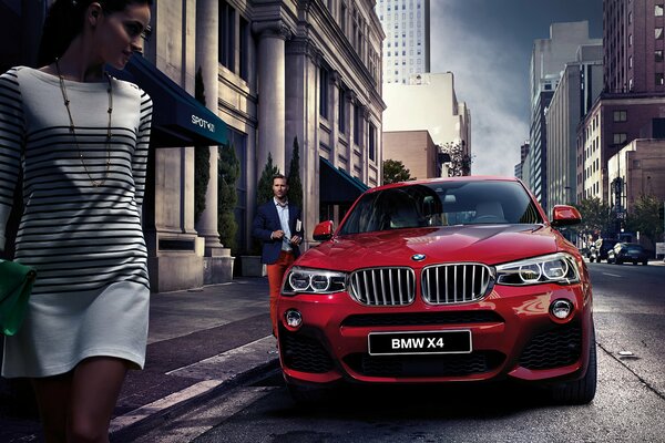 Vista frontal de un BMW rojo en una ciudad Europea