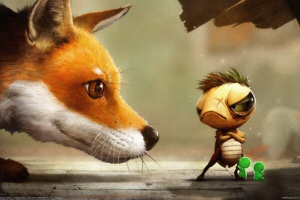 Drawing of a fox and a disgruntled beetle