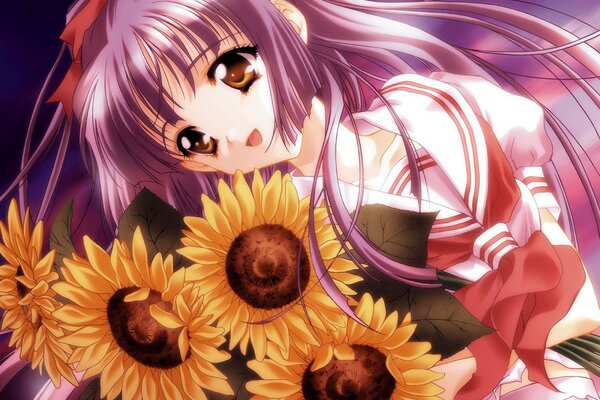 Ragazza in stile anime con un mazzo di girasoli in mano