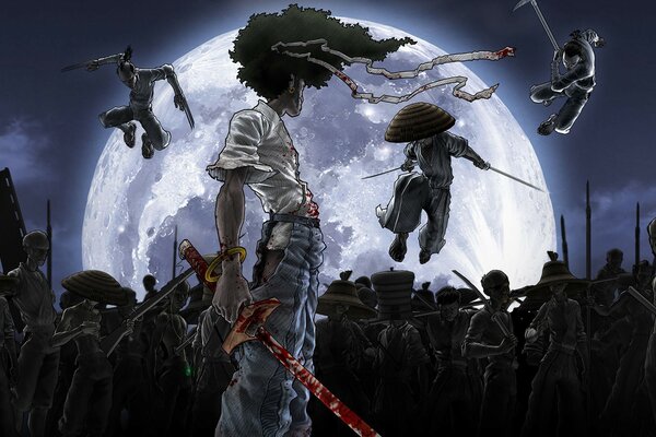 Afrosamurai fight with swords that are covered in blood