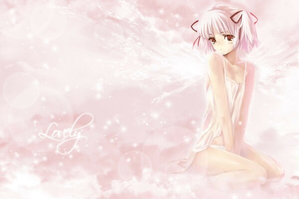 Airy pink clouds around a gentle anime girl in pink