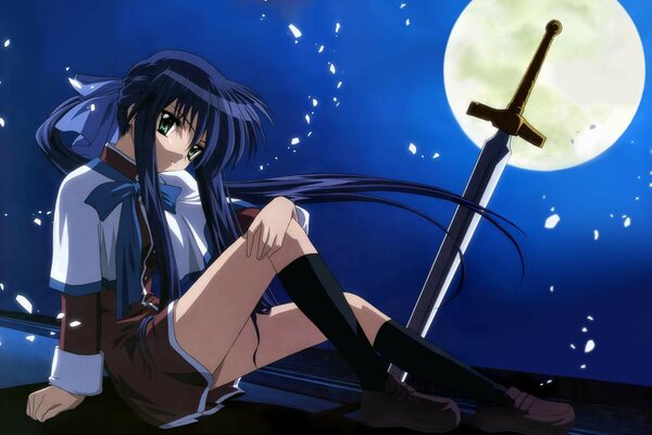 Fille sous la lune avec une épée dans le style anime