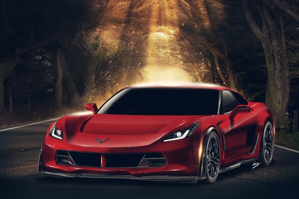 Chevrolet Corvette di colore rosso vista frontale