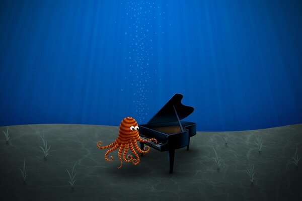 Polpo in sunnvz raggi sott acqua suona un pianoforte a coda
