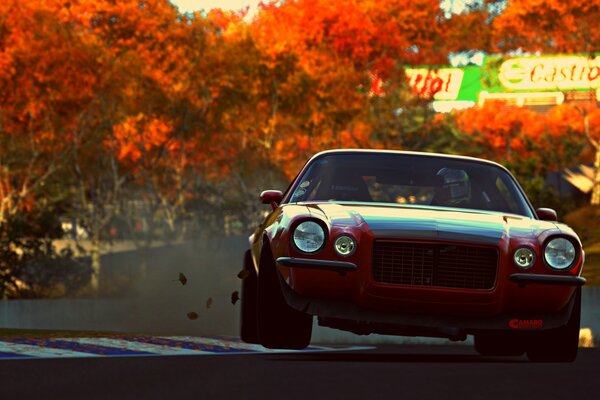 Sports car on the background of red leaves