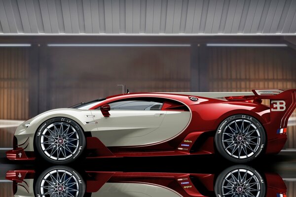 Coche deportivo rojo bugatti veyron eb 16. 4 en el garaje