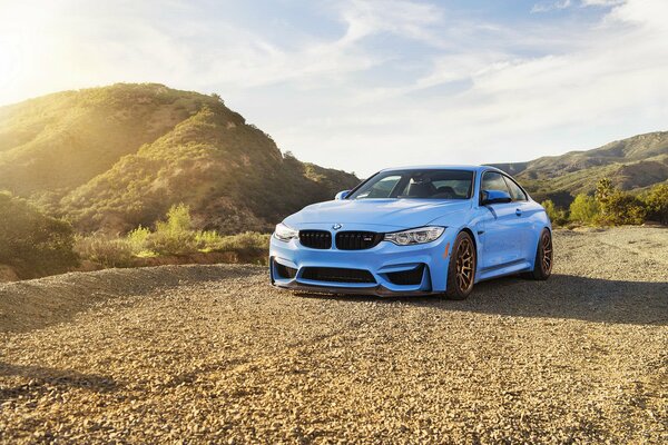 Blauer BMW vor dem Hintergrund der Natur in der Sonne