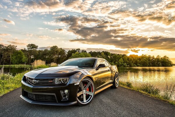 Chevrolet camaro ss black, sports car on the road