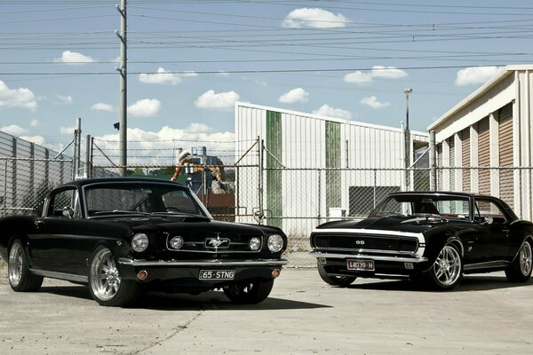 Retro Ford Mustang and chevrolet in the open air