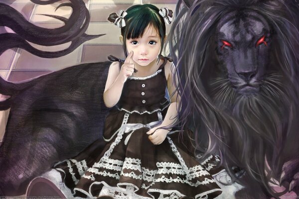 Девочка на аниме сидит прислонившись к черному большому льву