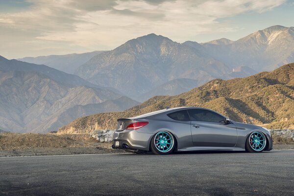 Gris auto debout dans les montagnes