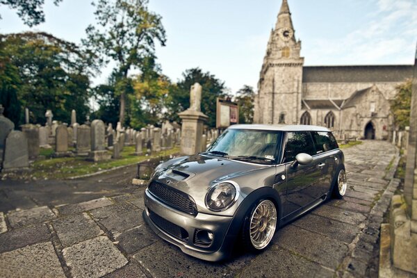 European car on an unusual temple background