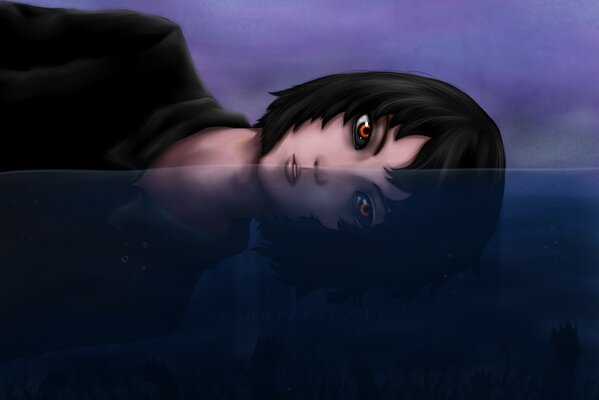 A girl with red eyes in dark water