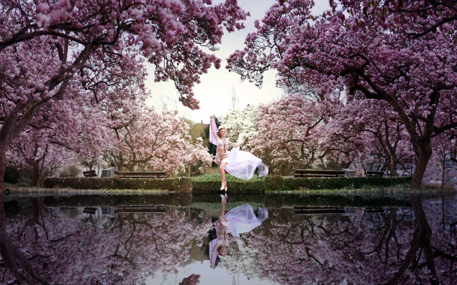 arte digitale ragazza lago parco alberi in fiore primavera danza armonia