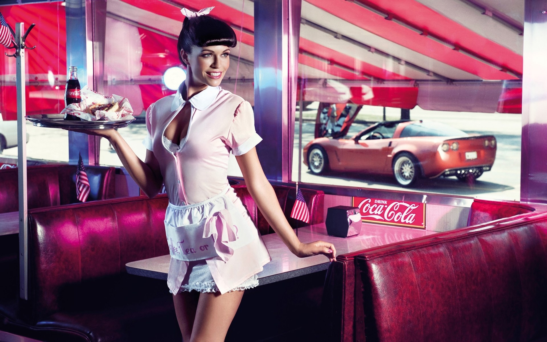 brunette waitress coca-cola