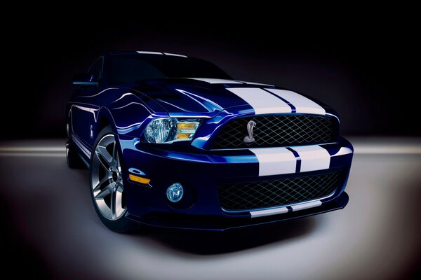 Blue sports car with white stripes