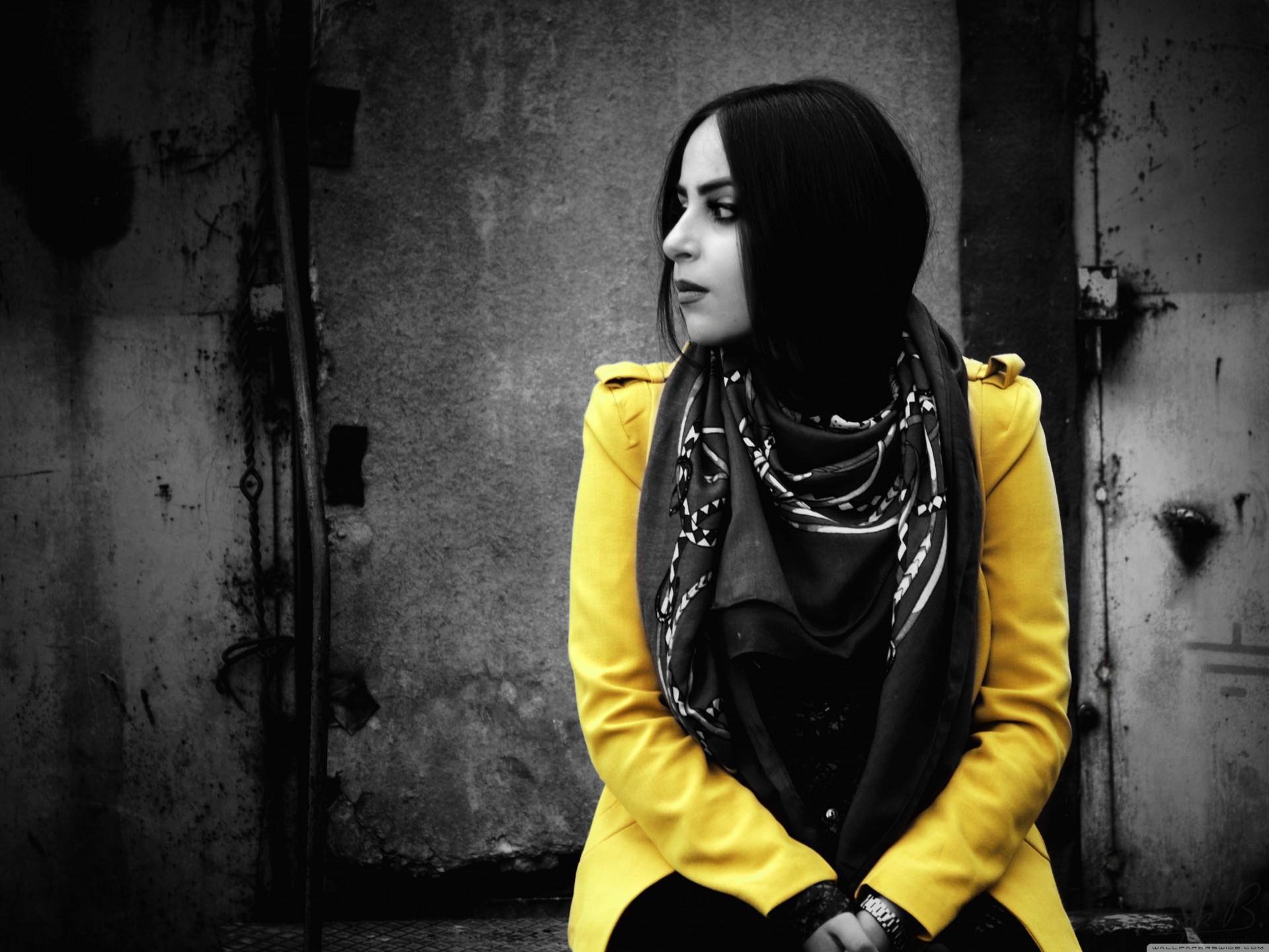 a woman dress black scarf beautiful photo yellow dark