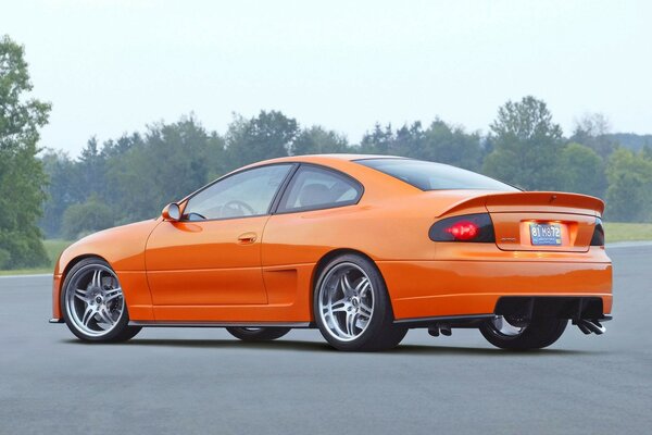 Orange Pontiac with gray disks on a forest background
