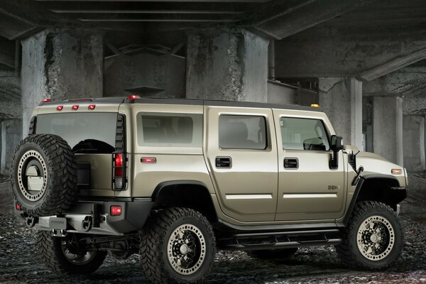 A golden hummer in a concrete slum