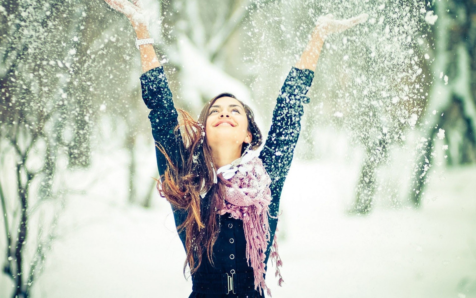 a woman snow girl brunette white winter