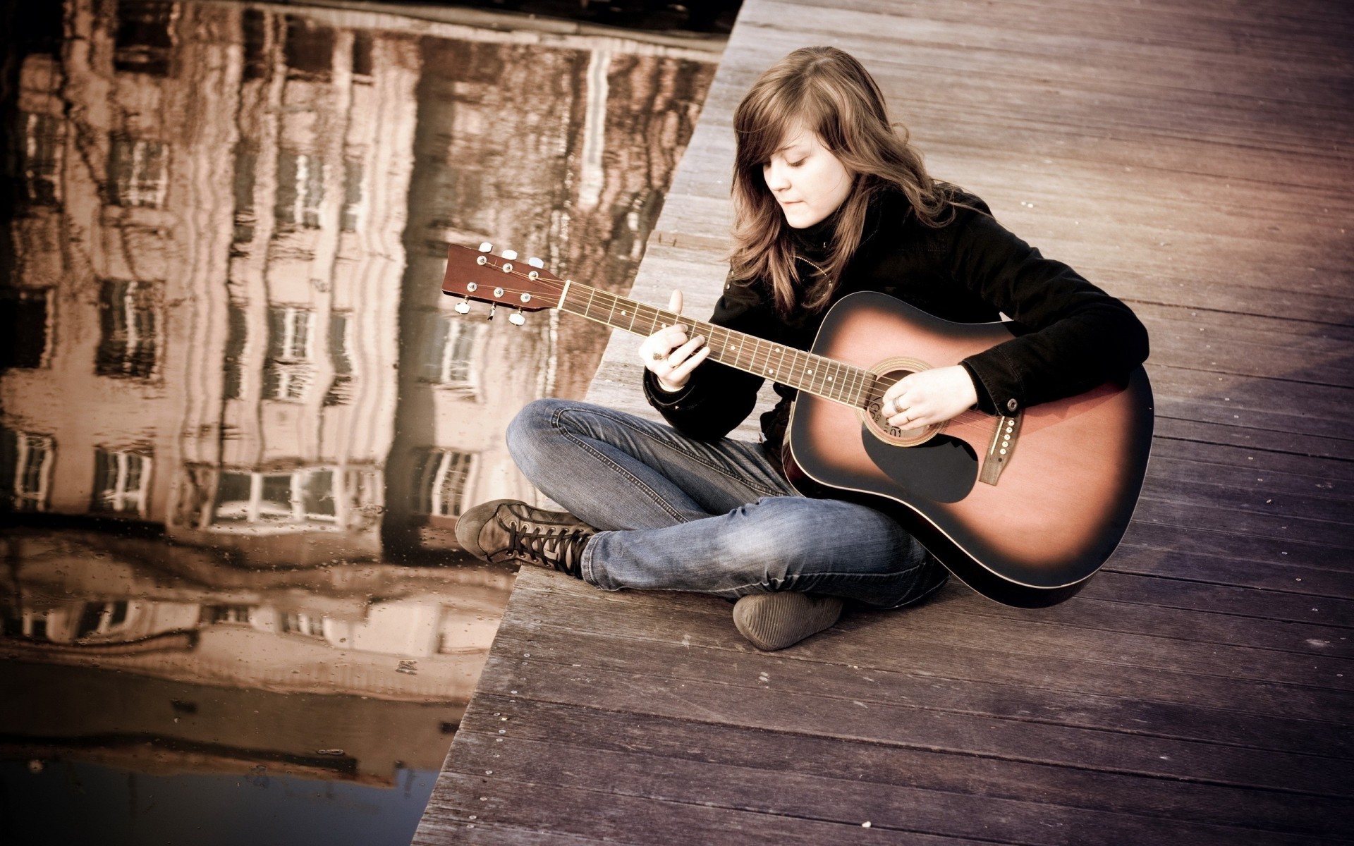 a woman music girl brunette water guitars bw