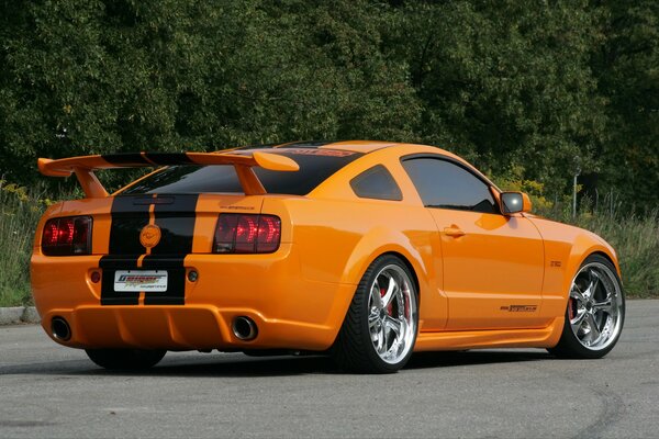 Ford Mustang in orangefarbener Farbe beim Rennen