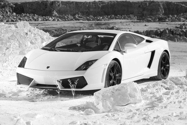 Белый lamborghini gallardo на снегу