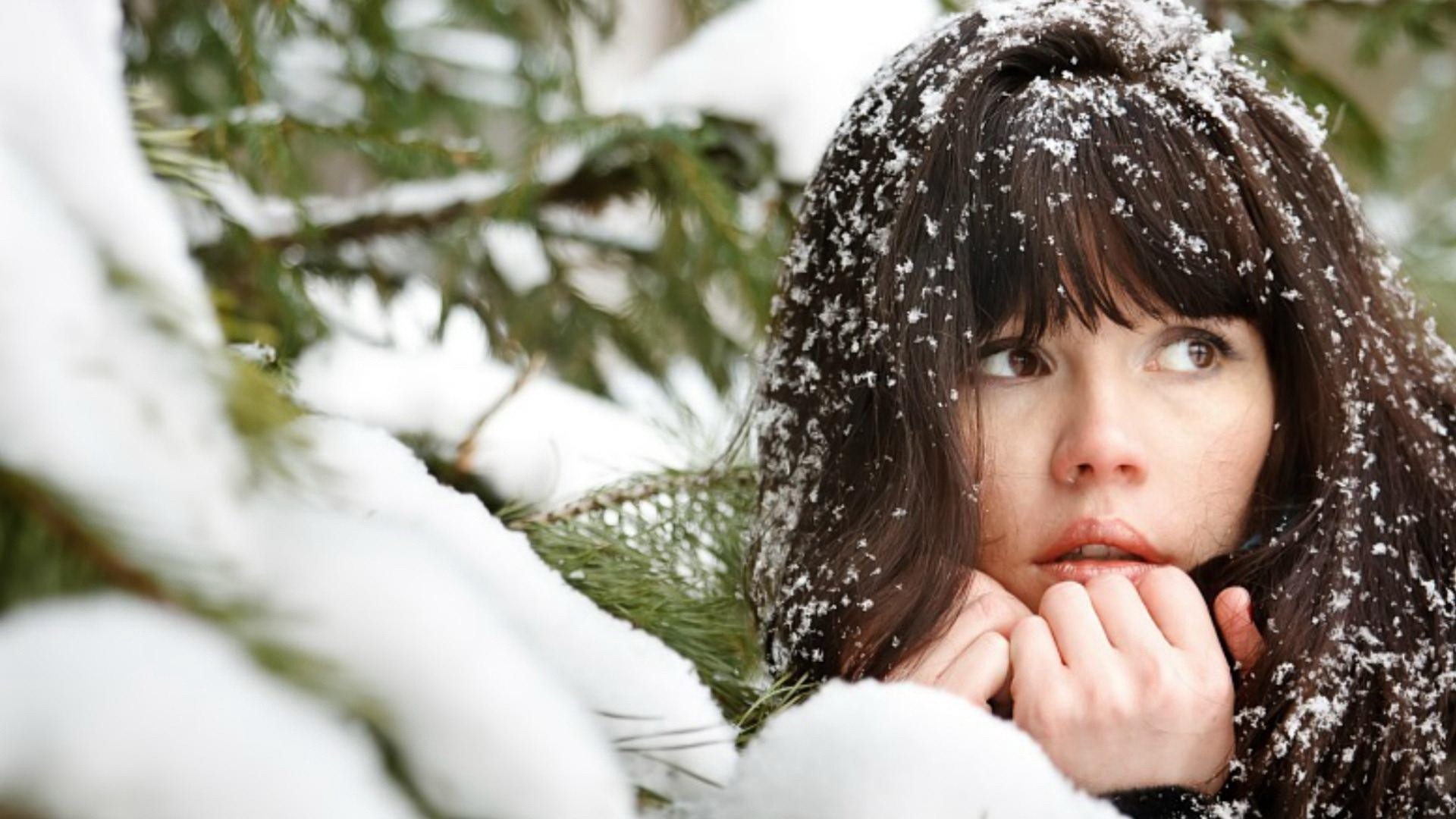 brunette a woman white snow girl