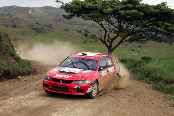 Red sports mitsubishi. Racing in natural conditions