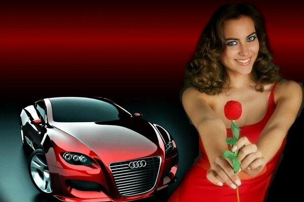 Chica con rosa y Audi coche en el fondo