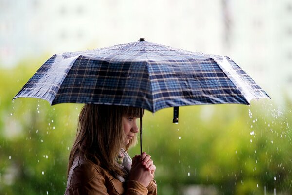 Brunette girl with an umbrella in the rain