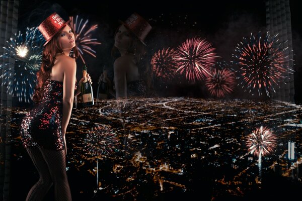 Chica modelo con una botella de champán cerca de la ventana panorámica con vistas a los fuegos artificiales