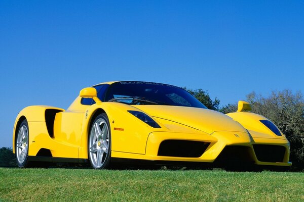 A yellow car on a green lawn