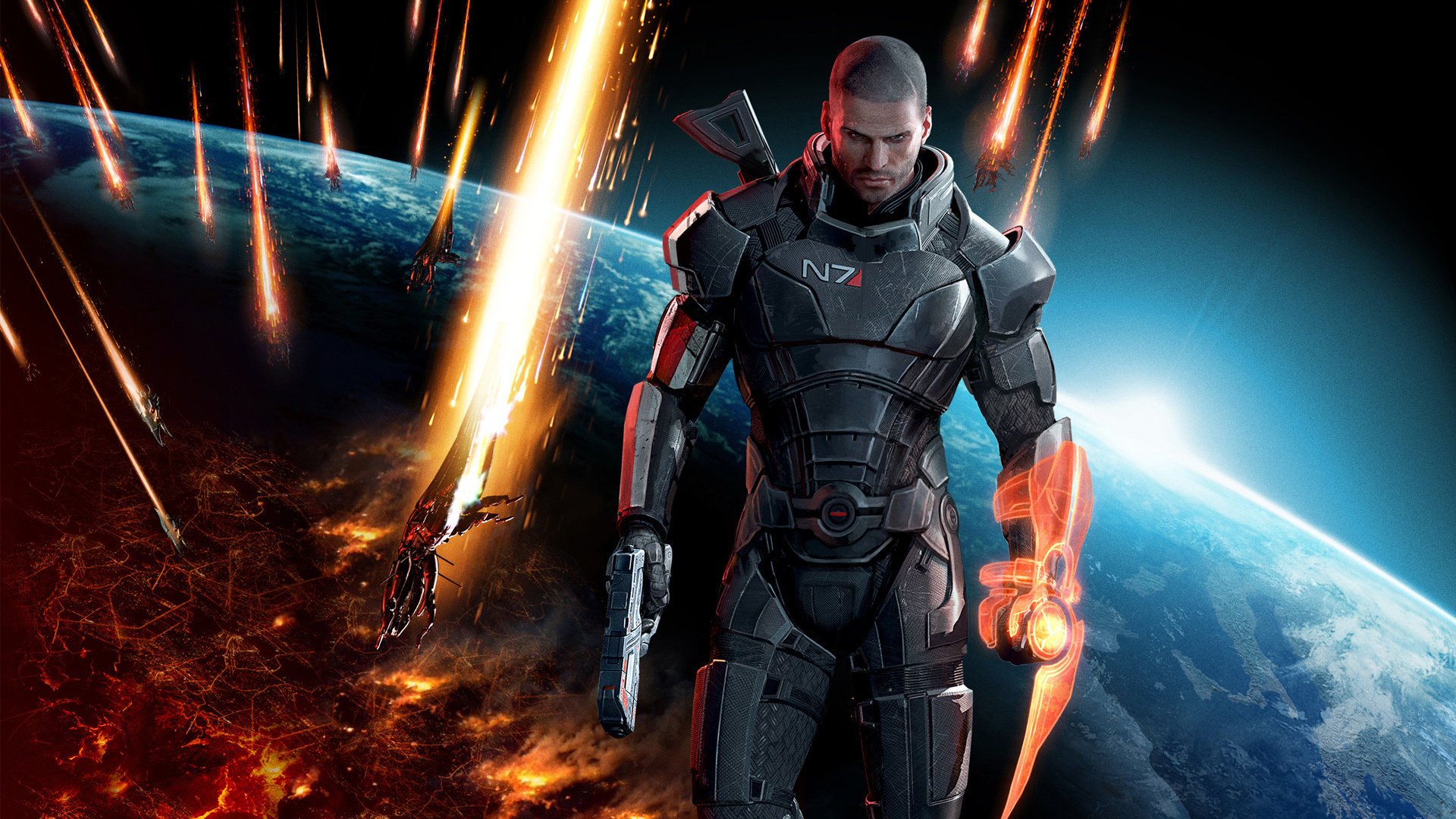 mass effect 3 efecto de masa shepard n7 planeta horizonte chico armas armadura pistola fuego dibujos anime hombres-a