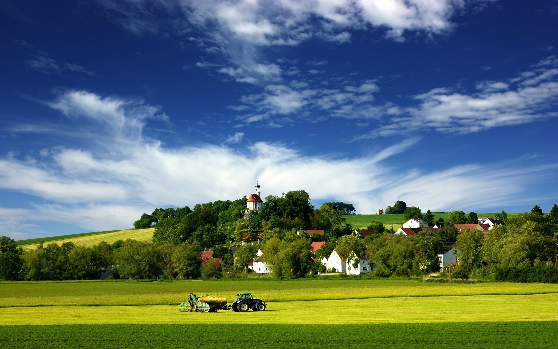 hay summer tractor field meadow greens nature the sky clouds landscape the village home trees hill